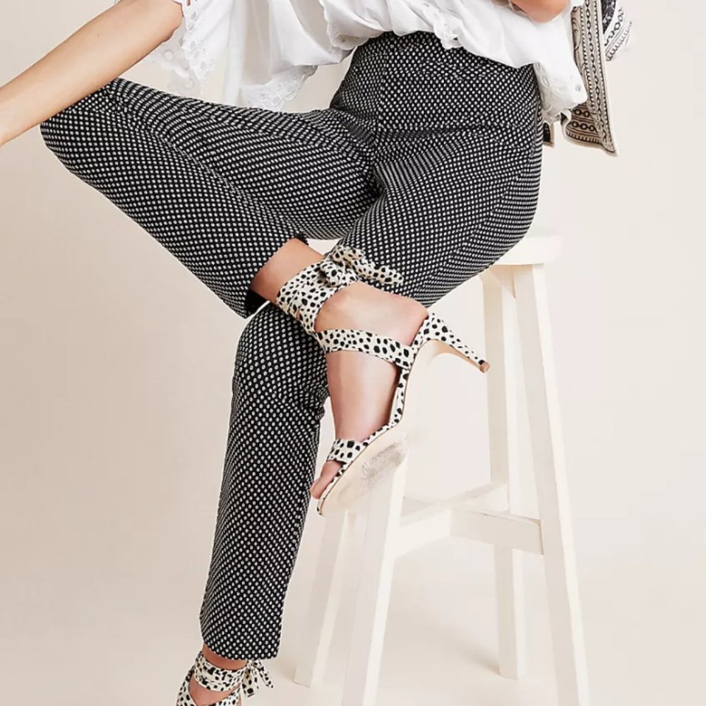Anthropologie Essential Slim Pants, High Rise, in Black & White Dot Print, sz 10